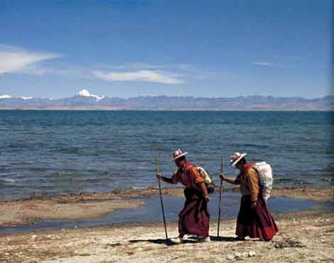 
Bon momks from far eastern Tibet circumambulate Lake Manasarovar with Kailash - Sacred Landscape And Pilgrimage in Tibet book
